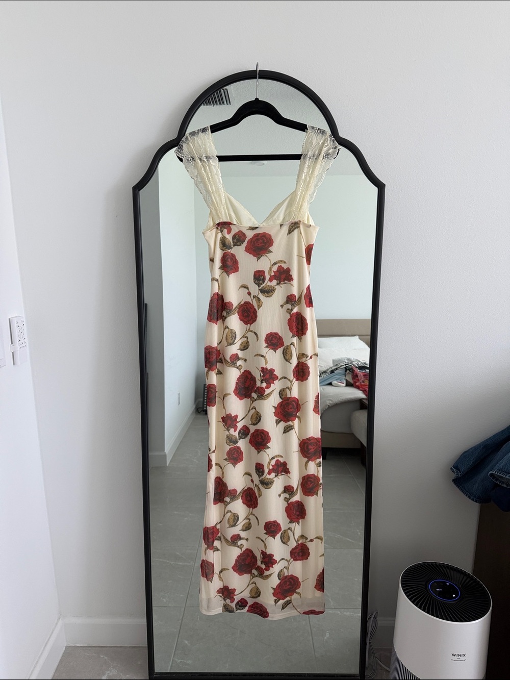 12th Tribe Cream Slip Dress with Red Rose Print and Lace - Picture 5 of 10
